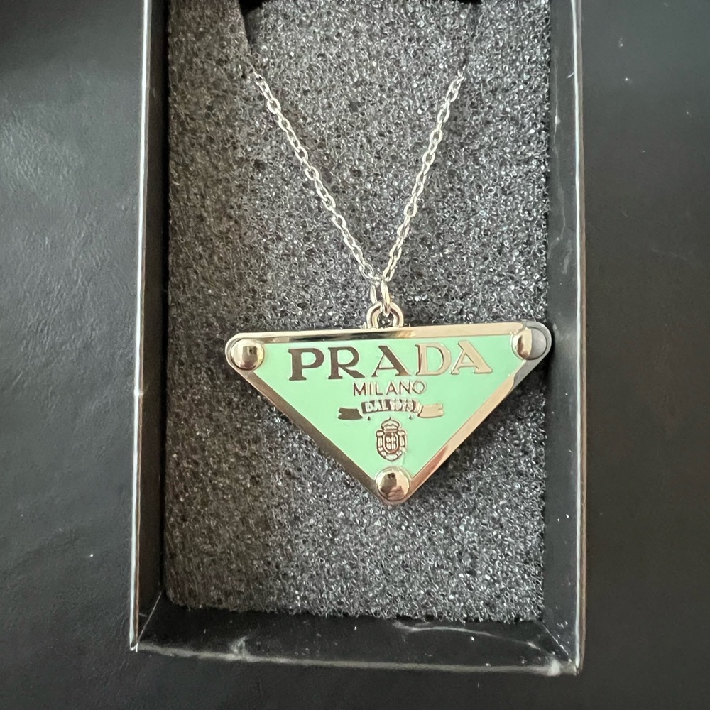PRADA SILVER & MINT TRIANGLE PENDANT with ADDED UNBRANDED 18”CHAIN - Picture 5 of 7